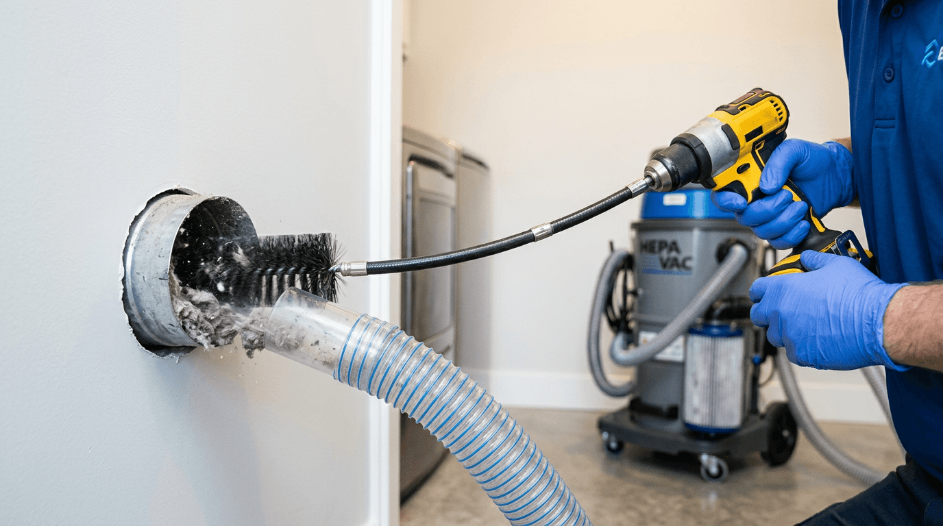 Rotary brush and HEPA vacuum cleaning a dryer vent duct